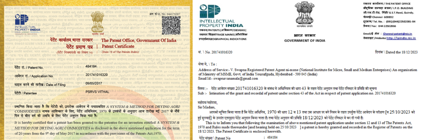 IPFC, ni-msme facilitated a patent grant for the Innovation on A System & Method for Drying Agri Commodities by Shri PSRVS Vithal