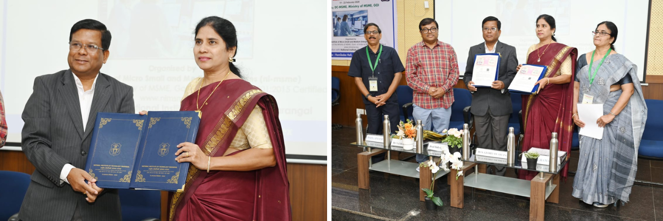 Prof. Bidyadhar Subudhi Director NIT Warangal and Dr.S. Glory Swarupa Director General nimsme signed & exchanged MoU for strengthening of Innovation ecosystem, Entrepreneurship culture and Industry Interface