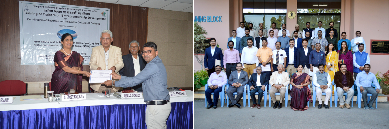 Shri Vaidya Jayant Deopujari, Chairperson, NCISM awarded certificates to professors from ASUS Colleges on successful completion of ToT in Entrepreneurship Development