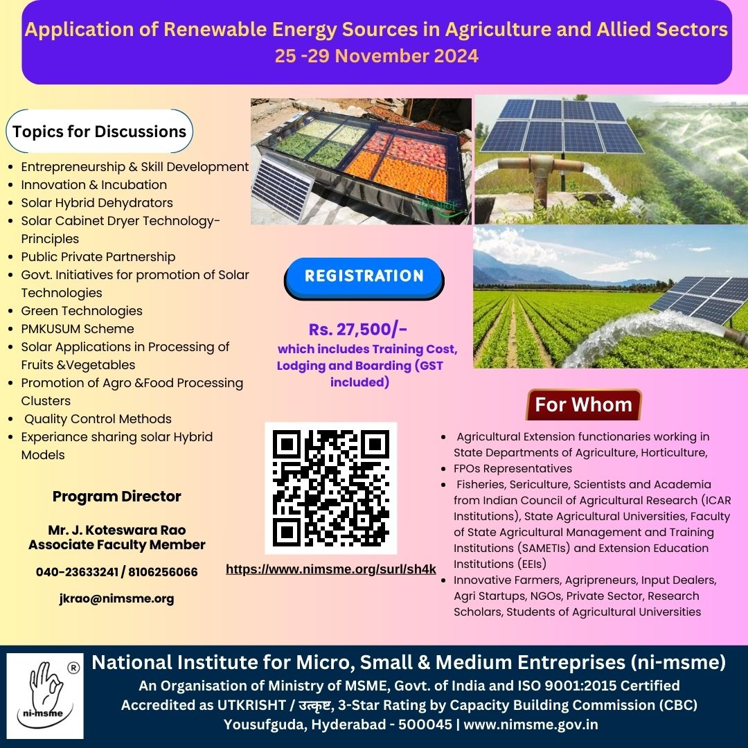 One Week Training Programme on Applications of Solar Technologies in Agriculture and Allied Sectors